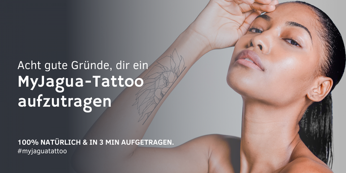 Frau mit Löwen Tattoo. Ein semi permanentes MyJagua Tattoo